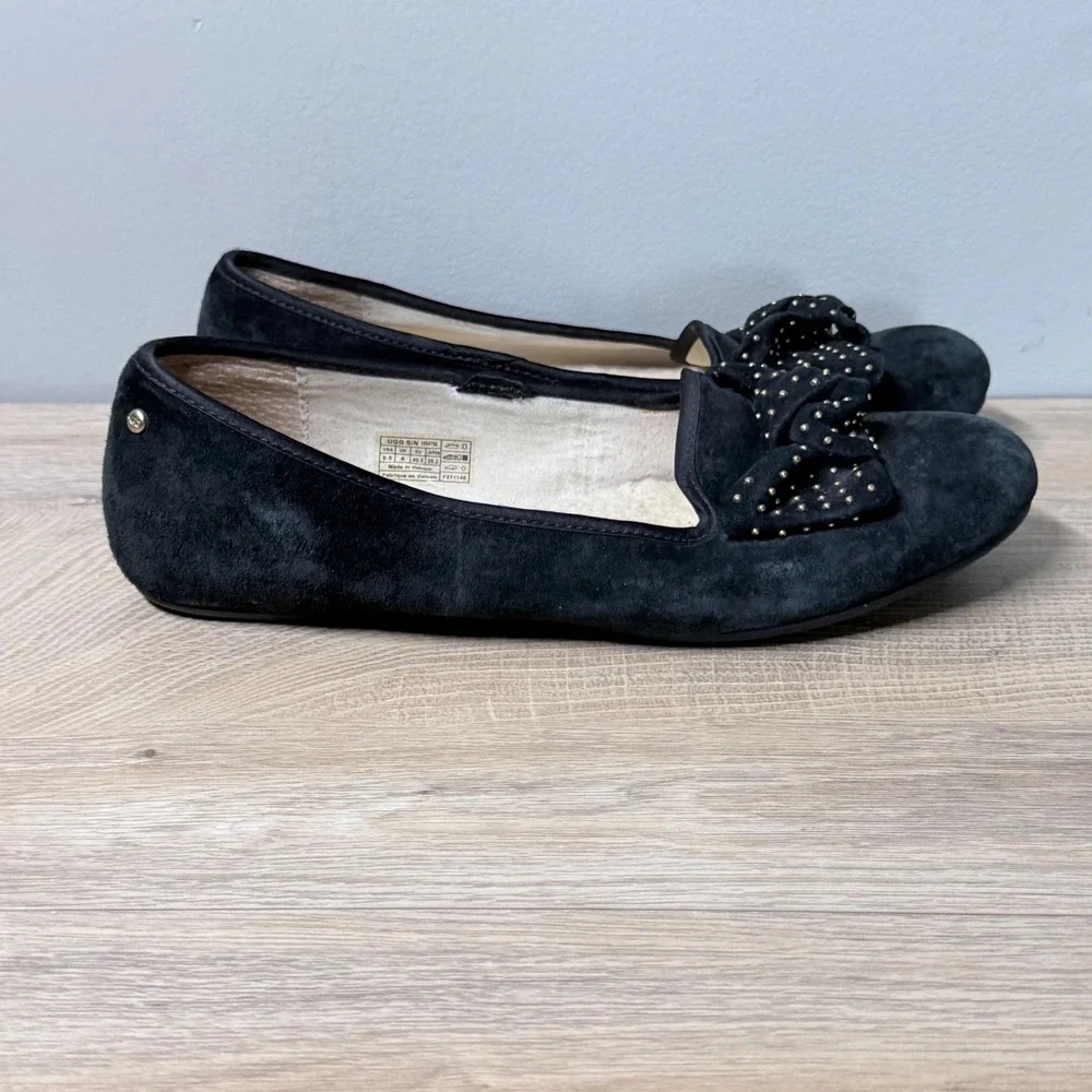 UGG Australia‎ Alloway Studded Bow Ballet Flats 9.5 Black Suede Shearling Lined